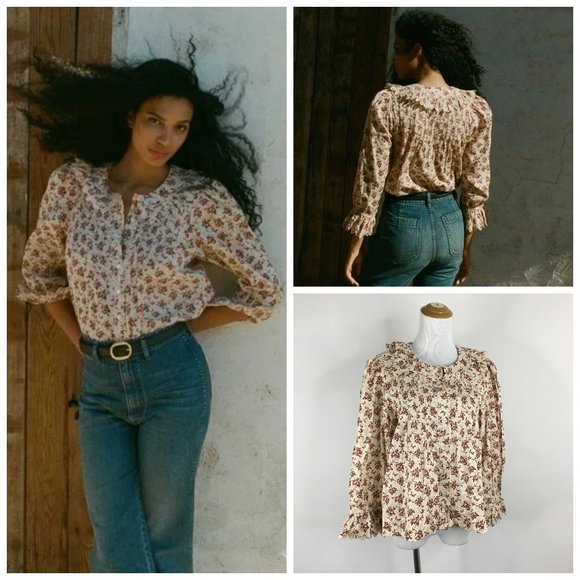 DOEN HICKORY Organic Cotton Burgundy Songbird Toile Pleats Button Shirt Top